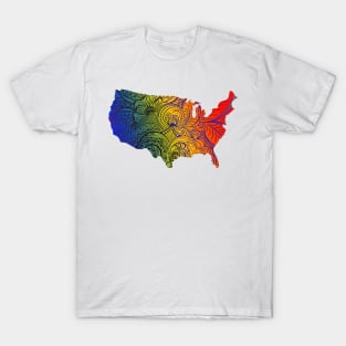 Colorful mandala art map of the United States of America in blue, yellow and red with dark hues T-Shirt